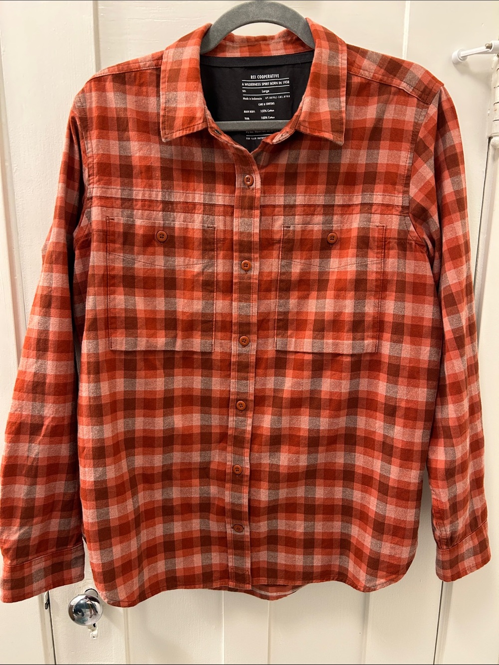 REI Rust and White Plaid Button-Down Shirt